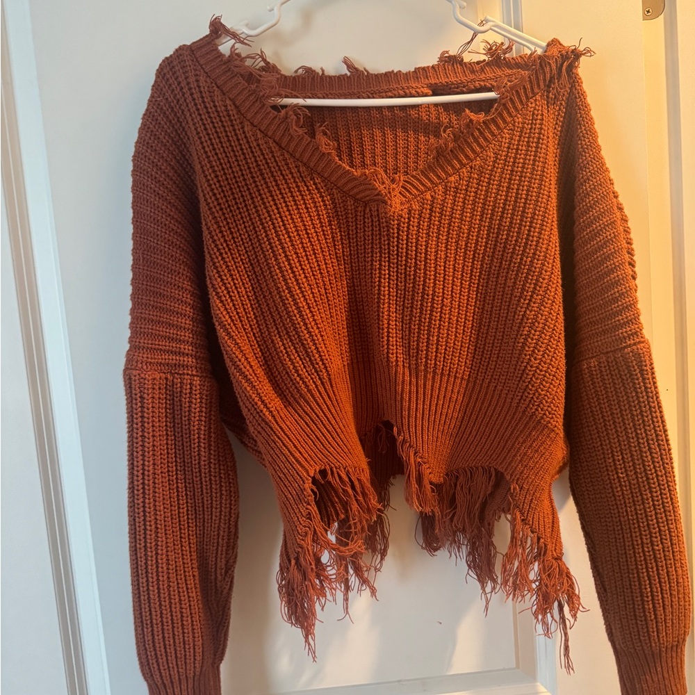 Frayed Hem Rust Sweater